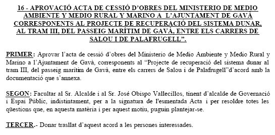Extracte de l'acta de la Junta de Govern Local de l'Ajuntament de Gavà on s'aprova l'acta de cessió d'obres del passeig marítim de Gavà Mar que està fent el Ministeri de Medi Ambient